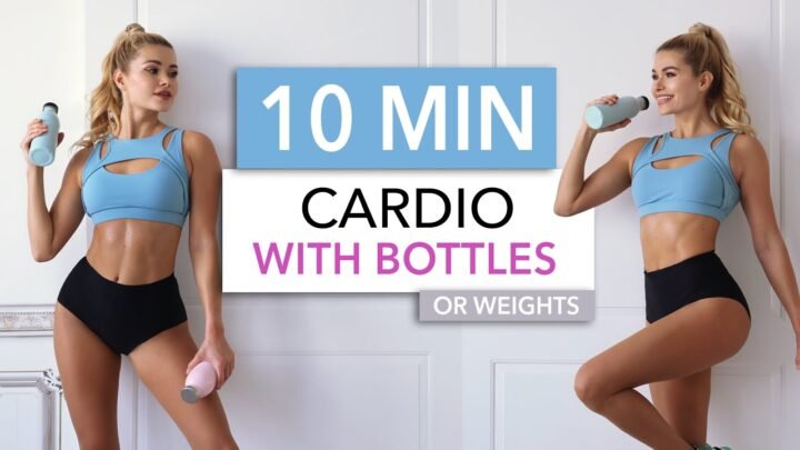 10 MIN CARDIO + BOTTLES – on the music / calorie burn, small weights, bonus: arms + standing abs